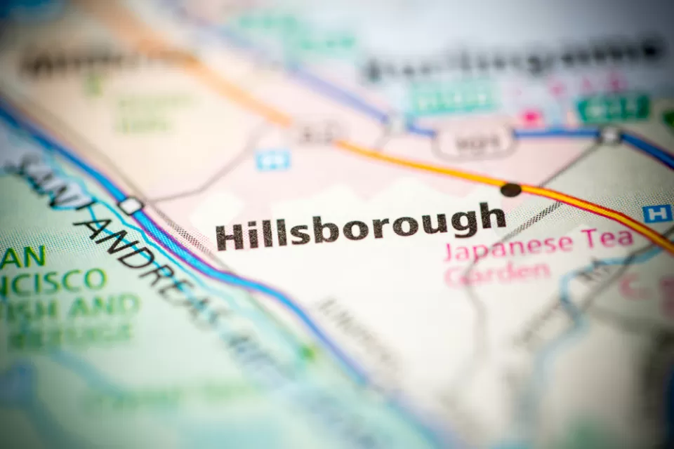 Close-up view of Hillsborough town name on map